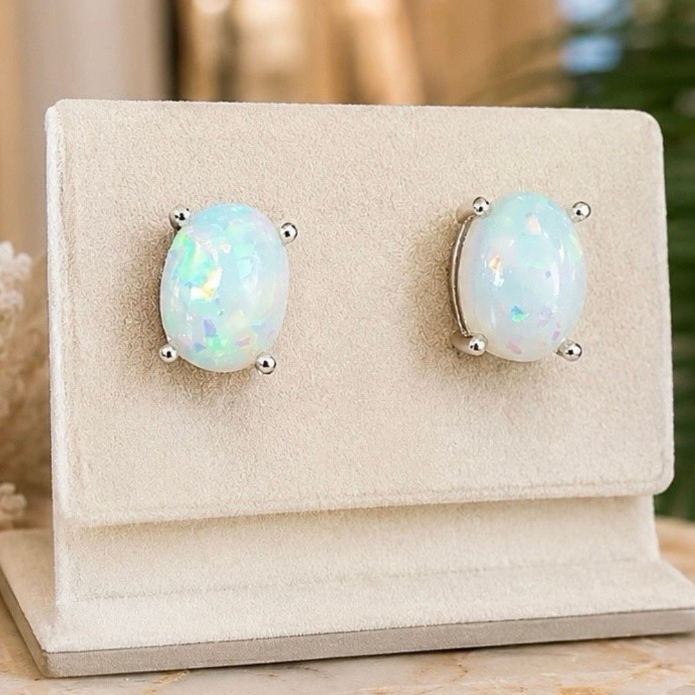 White FireβFaux Opal Oval Stud Earrings